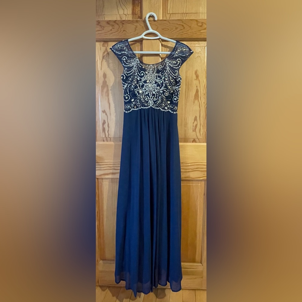 Full-length blue beaded prom gown, Poly USA by Neblon